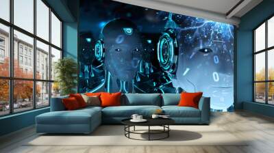 Group of male robots heads creating digital connection 3d rendering Wall mural