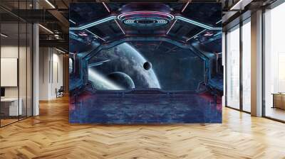 Grunge Spaceship interior with view on planet Earth 3D rendering Wall mural