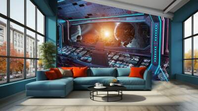 Grunge Spaceship interior with view on planet Earth 3D rendering Wall mural