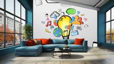 Hand drawn lightbulb on office background Wall mural