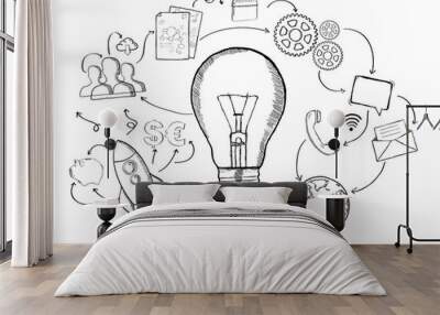 Hand drawn lightbulb with multimedia icons flying around Wall mural