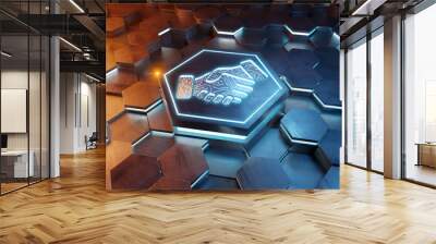 Handshake icon concept engraved on metal hexagonal pedestral background. Partnership logo glowing on abstract digital surface. 3d rendering Wall mural