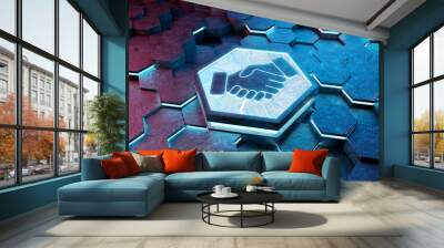 Handshake icon concept engraved on metal hexagonal pedestral background. Partnership logo glowing on abstract digital surface. 3d rendering Wall mural