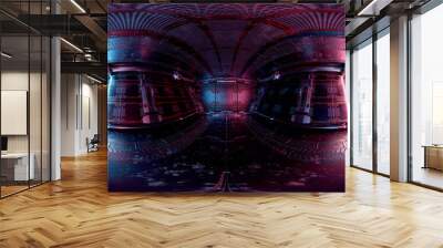 HDRI panoramic view of dark blue pink spaceship interior. High resolution 360 degrees panorama reflection mapping of a futuristic spacecraft 3D rendering Wall mural