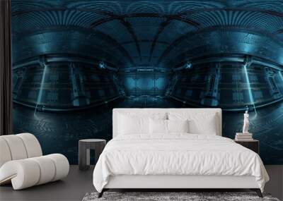 HDRI panoramic view of dark blue spaceship interior. High resolution 360 degrees panorama reflection mapping of a futuristic spacecraft 3D rendering Wall mural