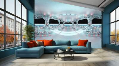 HDRI panoramic view of white blue spaceship interior with windows. High resolution 360 degrees panorama reflection mapping of a futuristic spacecraft 3D rendering Wall mural