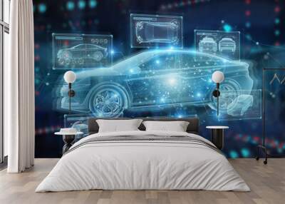 Holographic smart car interface projection on blue background 3D rendering Wall mural