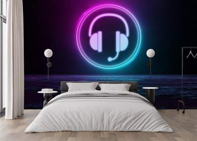 Hotline holographic icon illuminating the floor with blue and pink neon light 3D rendering Wall mural