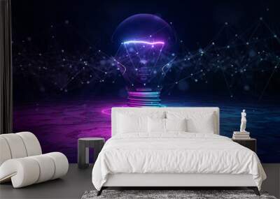 Lightbulb illuminating reflecting floor with blue and pink neon light 3D rendering Wall mural