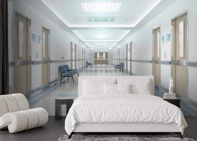 Long hospital bright corridor with rooms and seats 3D rendering Wall mural