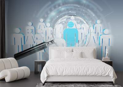 Magnifying glass recruiting people illustration 3D rendering Wall mural