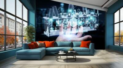 Man hand holding and touching holographic tubes samples projection 3D rendering Wall mural