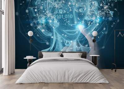 Man hand using digital artificial intelligence holographic projection 3D rendering Wall mural