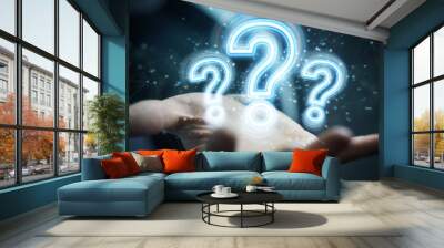 Man using digital question marks holographic interface 3D rendering Wall mural