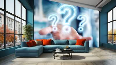 Man using digital question marks holographic interface 3D rendering Wall mural