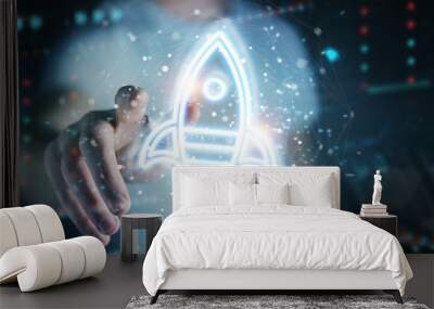 Man using startup digital neon interface 3D rendering Wall mural