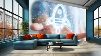 Man using startup digital neon interface 3D rendering Wall mural