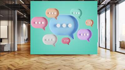 Minimalist blue red orange purple speech bubbles talk icons floating over green background. Modern conversation or social media messages with shadow. 3D rendering Wall mural