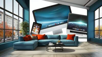 Modern computer laptop mobile phone and tablet floating 3D rendering Wall mural