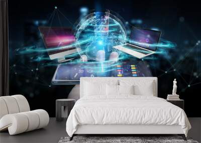 Modern devices connected in businessman hand 3D rendering Wall mural