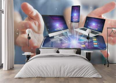 Modern devices connected in businessman hand 3D rendering Wall mural