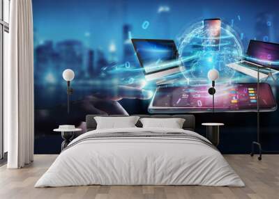 Modern devices connected in businessman hand 3D rendering Wall mural