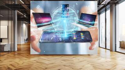 Modern devices connected in businessman hand 3D rendering Wall mural