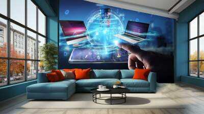 Modern devices connected in businessman hand 3D rendering Wall mural