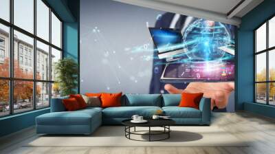 Modern devices connected in businessman hand 3D rendering Wall mural