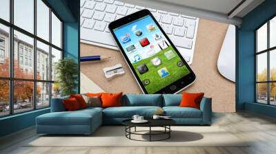 Modern mobile phone on a desk 3D rendering Wall mural