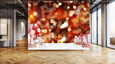 Red christmas baubles and gifts background 3D rendering Wall mural