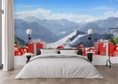 Red christmas baubles and gifts lined up 3D rendering Wall mural