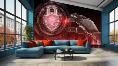 Red robot hacking a digital padlock system 3D rendering Wall mural