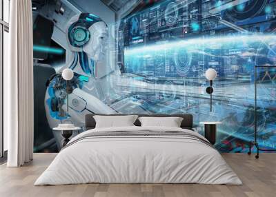 Robot cyborg in a control room flying a white modern spaceship with window view on space and digital graph 3D rendering Wall mural