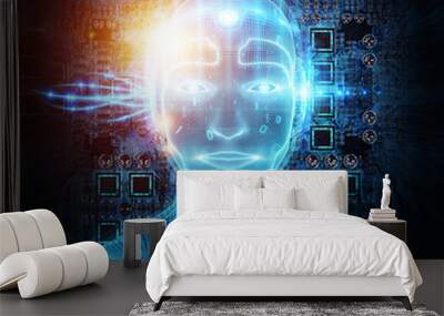 Robot cyborg man head artificial intelligence learning 3D rendering Wall mural