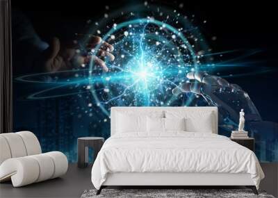 Robot hand and human hand touching digital sphere network on dark background 3D rendering Wall mural