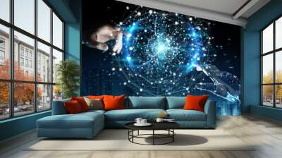 Robot hand and human hand touching digital sphere network on dark background 3D rendering Wall mural