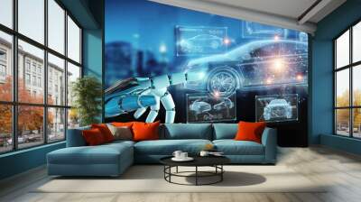 Robot hand holding and touching holographic smart car interface projection 3D rendering Wall mural