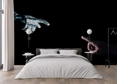 Robot hand making contact with human hand on dark background 3D rendering Wall mural