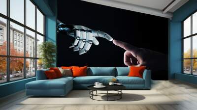 Robot hand making contact with human hand on dark background 3D rendering Wall mural