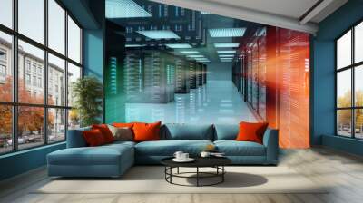 Servers data center room with bright speed light through the corridor 3D rendering Wall mural