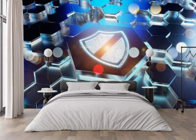 Shield icon concept engraved on metal hexagonal pedestral background. Security Logo glowing on abstract digital surface. 3d rendering Wall mural