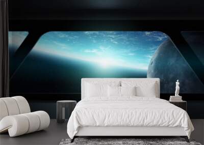 Spaceship futuristic interior with view on planet Earth Wall mural