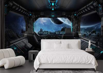 Spaceship grunge interior with view on exoplanet Wall mural