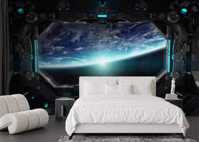 Spaceship grunge interior with view on planet Earth Wall mural