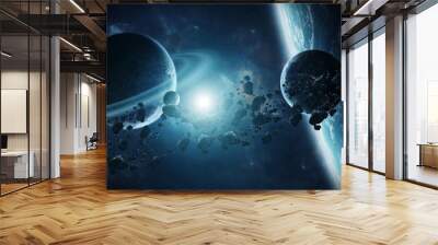 Sunrise over distant planet system in space 3D rendering element Wall mural