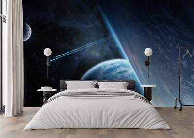 Sunrise over distant planet system in space 3D rendering elements of this image furnished by NASA Wall mural