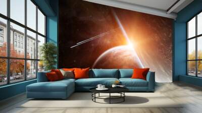 Sunrise over distant planet system in space 3D rendering elements of this image furnished by NASA Wall mural