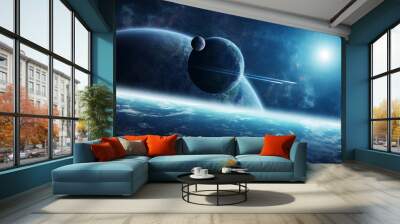 Sunrise over distant planet system in space 3D rendering elements of this image furnished by NASA Wall mural