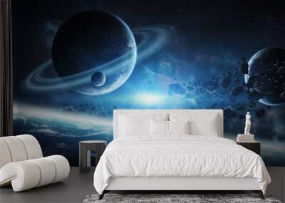 Sunrise over group of planets in space Wall mural